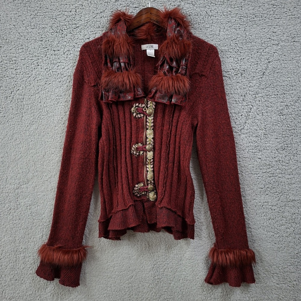 Vintage Y2K Ribbed Knit Jacket Faux Fur Collar Cuff Sweater Wooly Large Cardigan